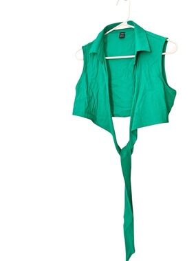 SHEIN Bright Green Collared Tie-Front Sleeveless Top